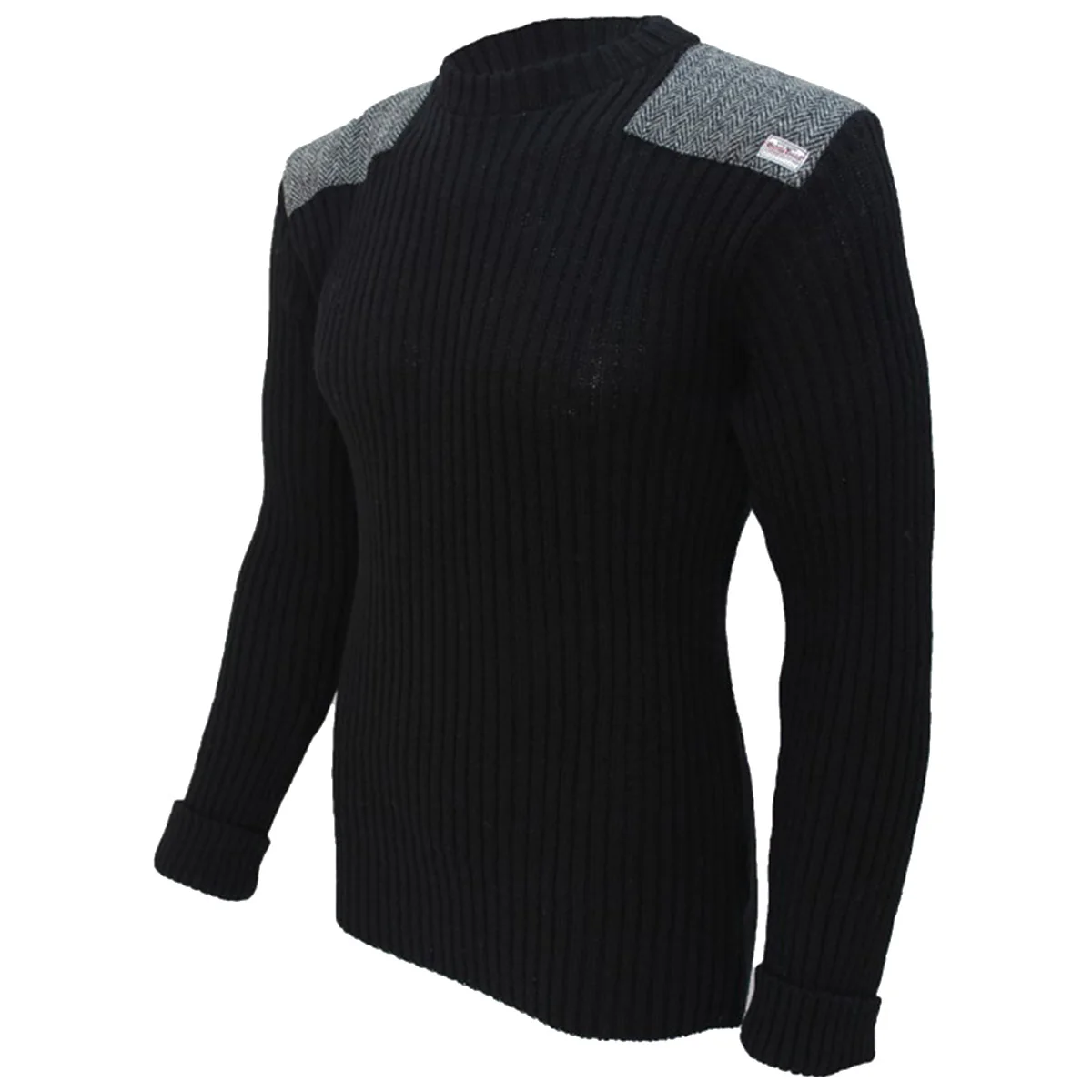 Crew Neck Woolly Pully Jumper with Harris Tweed Patches Black - Image 3