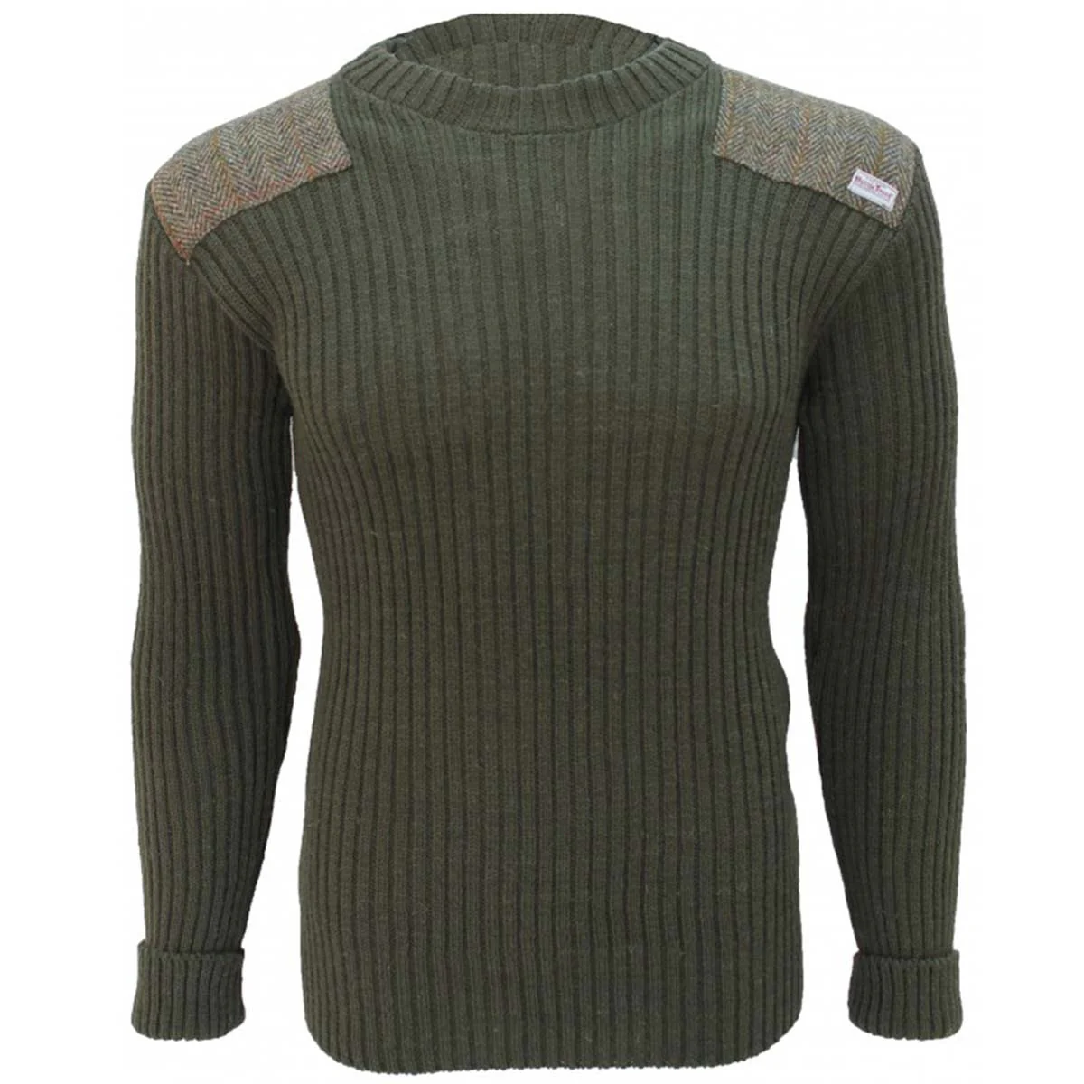 Crew Neck Woolly Pully Jumper with Harris Tweed Patches Olive Green