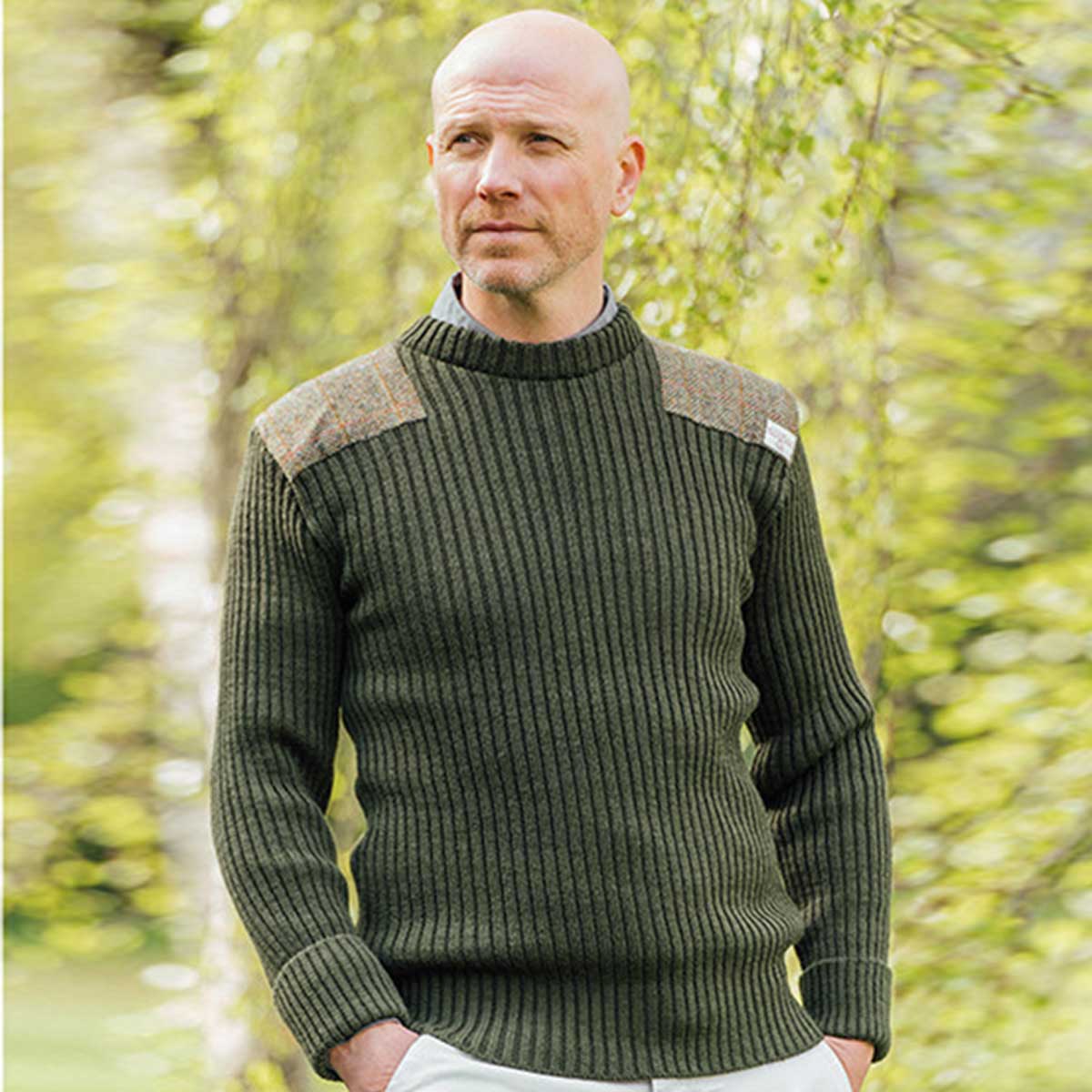 Crew Neck Woolly Pully Jumper with Harris Tweed Patches Olive Green - Image 2