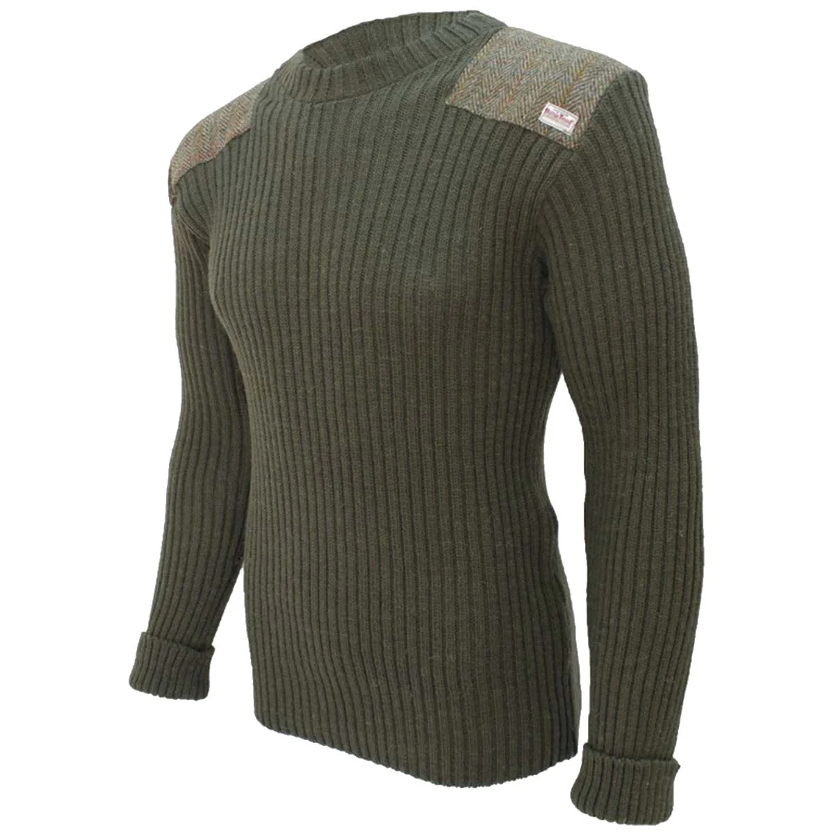 Crew Neck Woolly Pully Jumper with Harris Tweed Patches Olive Green - Image 3
