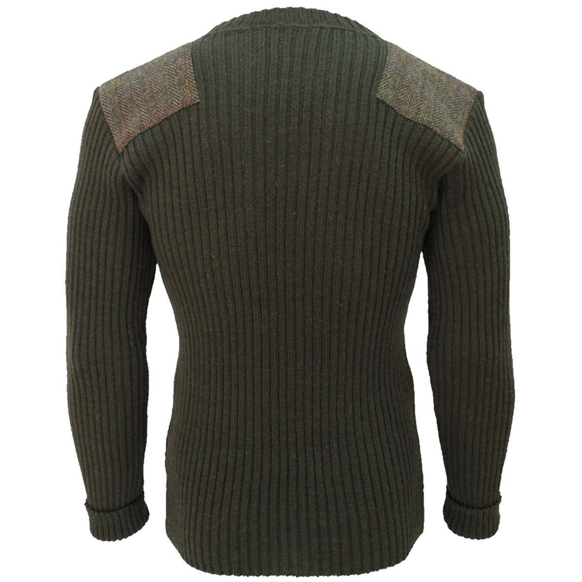 Crew Neck Woolly Pully Jumper with Harris Tweed Patches Olive Green - Image 4