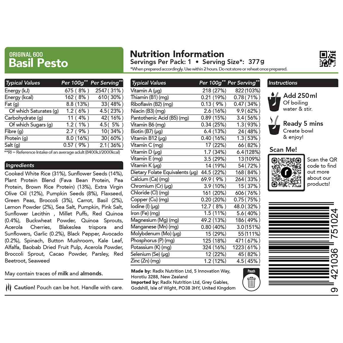 Radix Nutrition Freeze-Dried Meal Basil Pesto 600kcal / 800kcal - Image 2