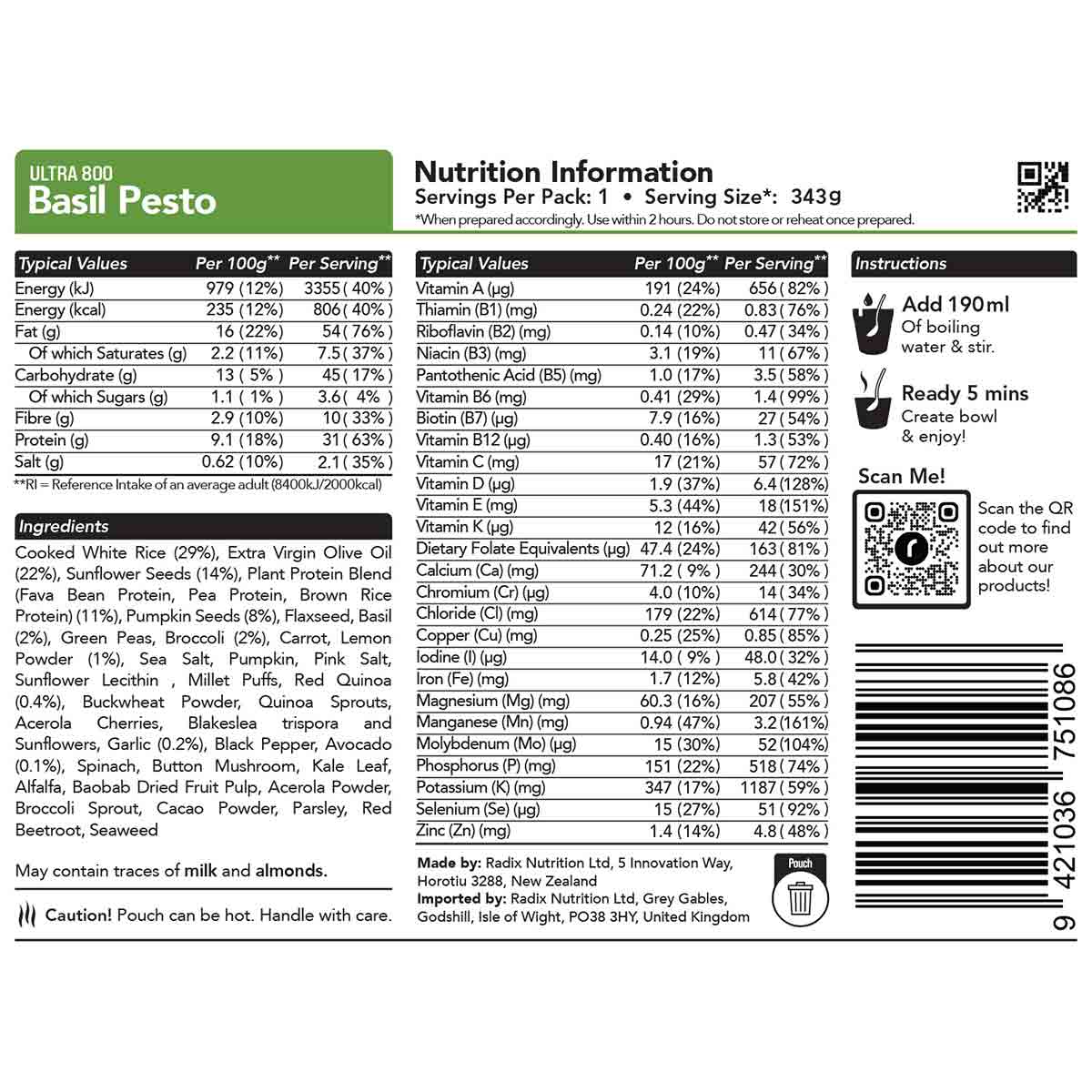 Radix Nutrition Freeze-Dried Meal Basil Pesto 600kcal / 800kcal - Image 4