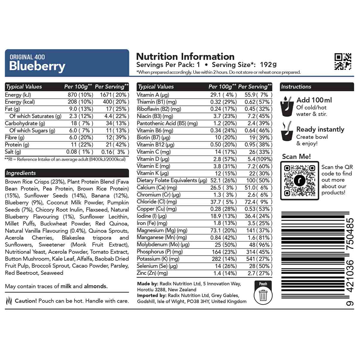 Radix Nutrition Freeze-Dried Meal Blueberry Breakfast 400kcal / 800kcal - Image 2