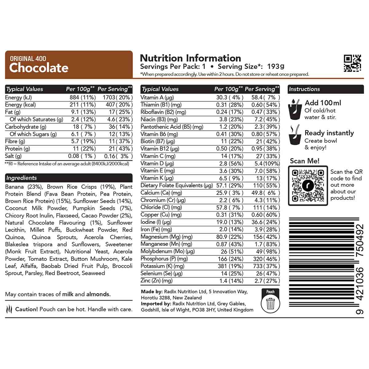 Radix Nutrition Freeze-Dried Meal Chocolate Breakfast 400kcal / 800kcal - Image 2