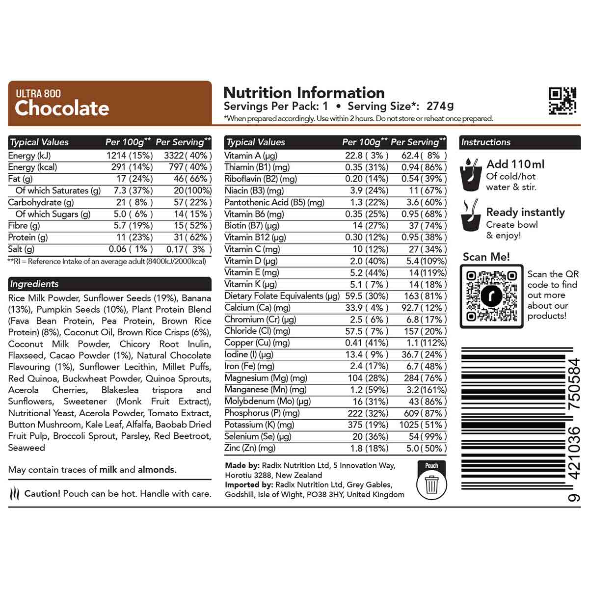 Radix Nutrition Freeze-Dried Meal Chocolate Breakfast 400kcal / 800kcal - Image 4