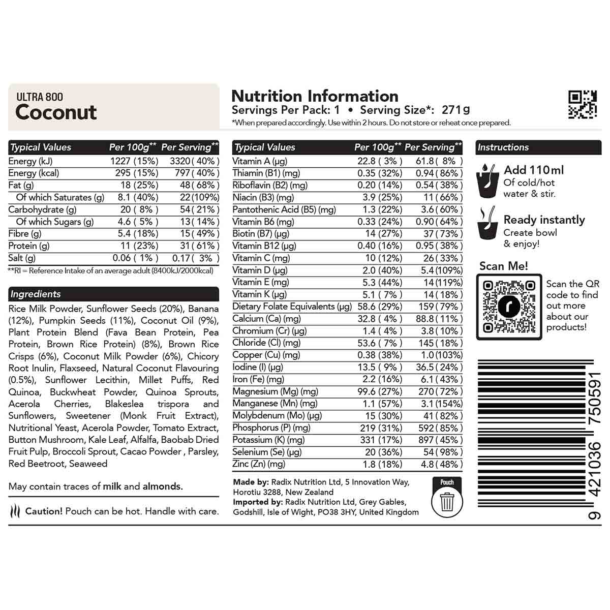 Radix Nutrition Freeze-Dried Meal Coconut Breakfast 400kcal / 800kcal - Image 4