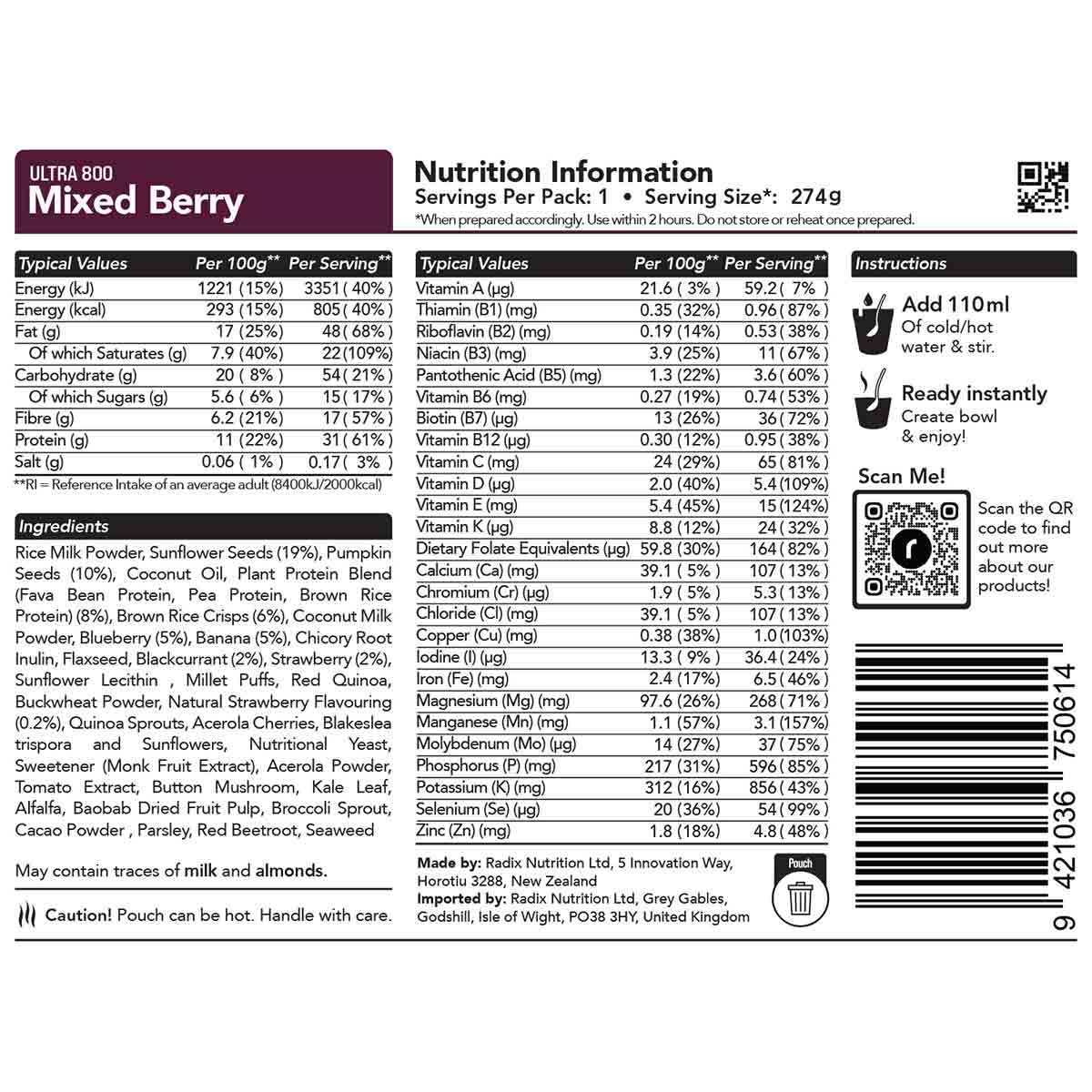 Radix Nutrition Freeze-Dried Meal Mixed Berry Breakfast 400kcal / 800kcal - Image 4