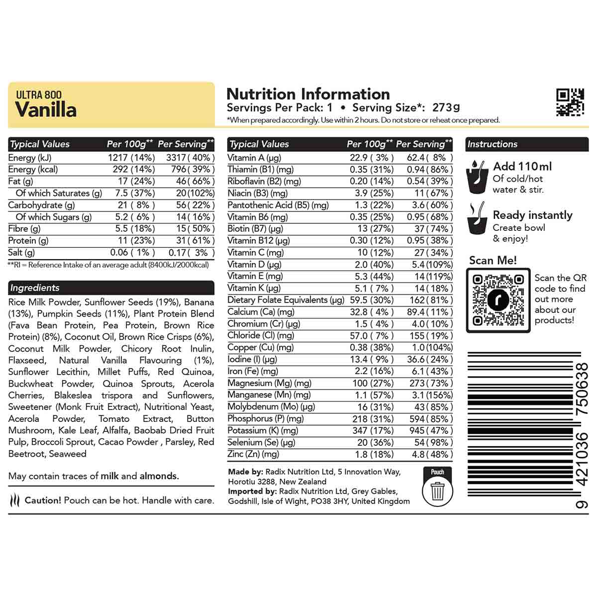 Radix Nutrition Freeze-Dried Meal Vanilla Breakfast 400kcal / 800kcal - Image 4