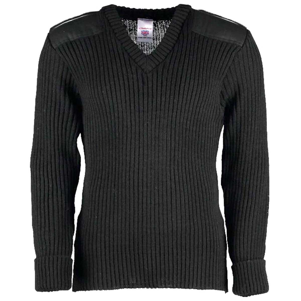 V-Neck Woolly Pully Army Jumper with Patches / Epaulettes Black